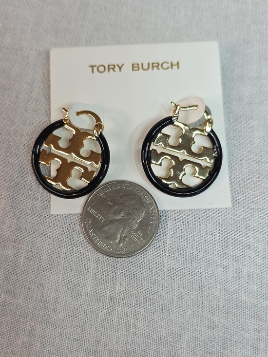 Tory Burch Black and Gold Logo Hoop Earrings - Picture 4 of 4